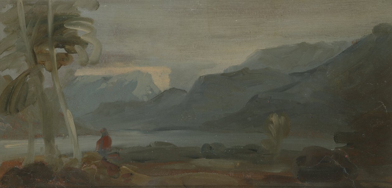 Horská krajina s postavami a dobytkem, dříve připisovaná J.M.W. Turner (1775-1851) a také připisován Peteru de Wint (1784-1849), 1806-07 (olej na papíře) od English School