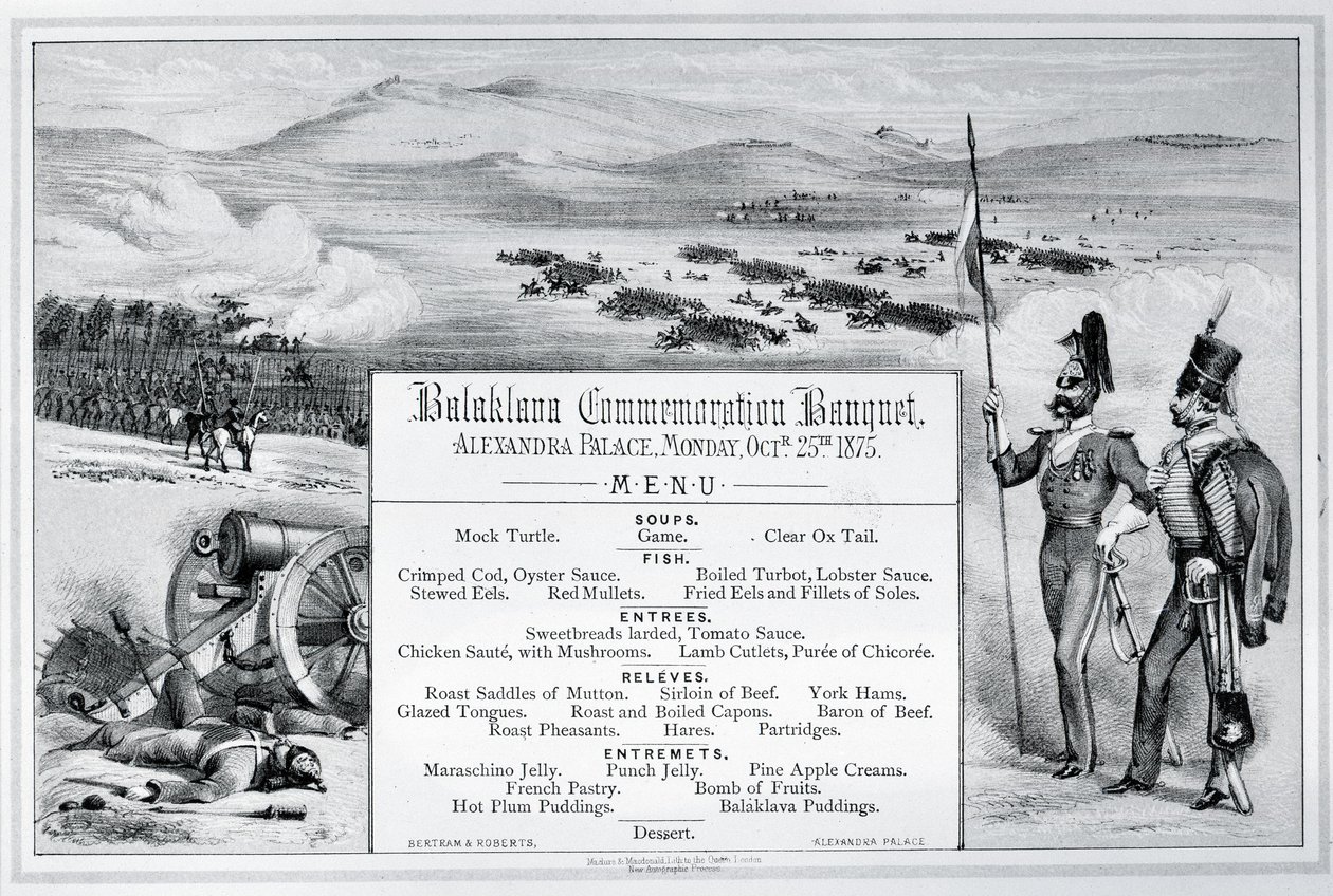 Namontované ilustrované menu pro slavnostní banket Balaklava, který se konal v paláci Alexandra, 25. října 1875 (rytina) od English School