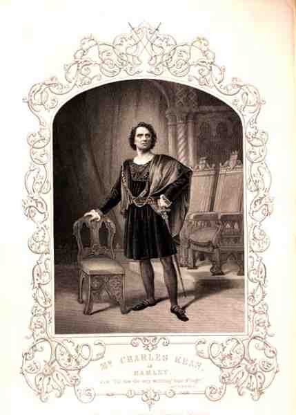 Pan Charles Kean jako Hamlet, dějství III, scéna 2, ve hře Williama Shakespeara (1564-1616) z daguerrotypie od Paine of Islington (rytina) od English School