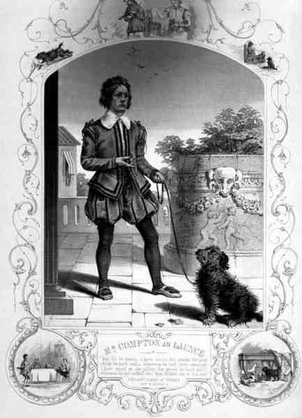 Pan Compton jako Lance, dějství IV, scéna II, ve filmu Dva gentlemani z Verony od Williama Shakespeara (1564-1616) (rytina) od English School