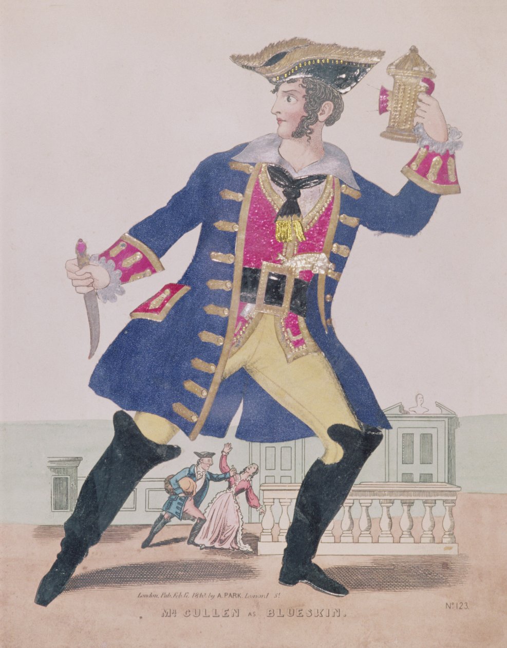 Pan Cullen v roli Blueskin (Modrovous), hospoda. 1810 (rytina a koláž) od English School