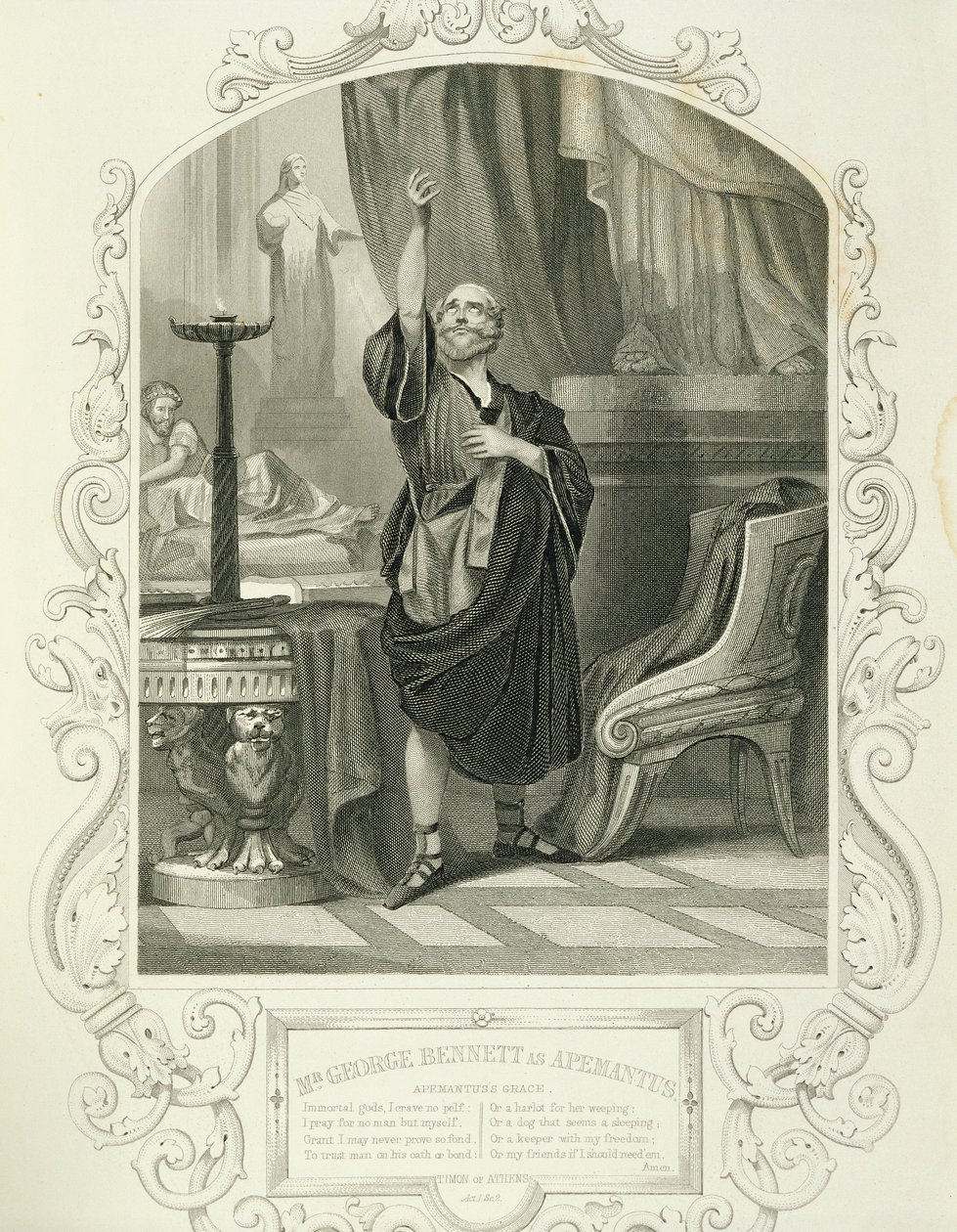 Pan George Bennett jako Apemantus, dějství I, scéna 2, v Timon of Athens od Williama Shakespeara (1564-1616) od English School