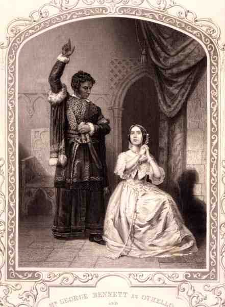 Pan George Bennett jako Othello a paní Jane Bennett jako Desdemona, dějství IV, scéna 2, v Othellovi od Williama Shakespeara (1564-1616) (rytina) od English School