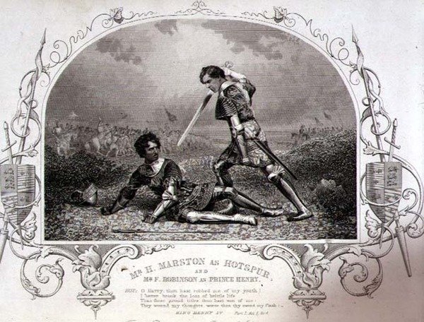 Pan H. Marston jako Hotspur a pan F. Robinson jako princ Henry, V. dějství Scéna 4 z Jindřicha IV (část I) z daguerrotypie od Paine of Islington, hospoda. od John Tallis & Co. (litho) od English School