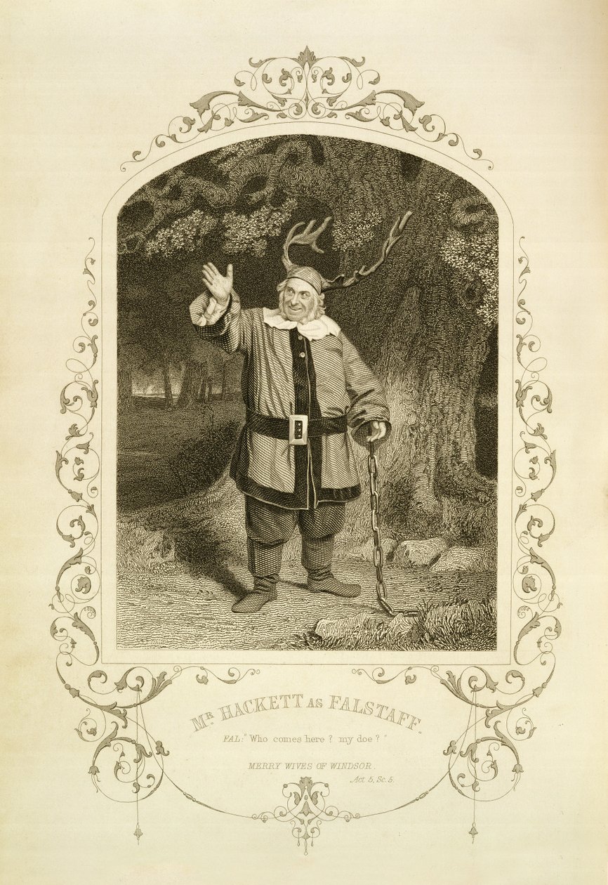 Pan Hackett jako Falstaff, dějství V. scéna 5, ve Veselé paničky z Windsoru od Williama Shakespeara (1564-1616) vyryté Georgem Hollisem (1792-1842) z daguerrotypie od J. P. Mayalla (1810-1901) (rytina od English School