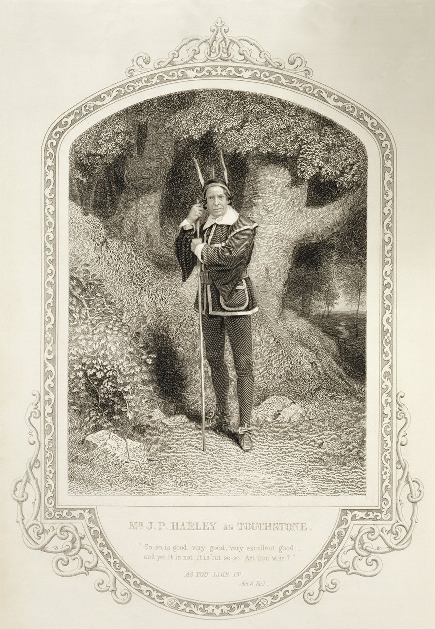 Pan J.P. Harley jako Touchstone, dějství V. scéna 1, v Jak se vám líbí od Williama Shakespeara (1564-1616) vyrytý Georgem Hollisem (1792-1842) z daguerrotypie od J.P. Mayalla (1810-1901) od English School