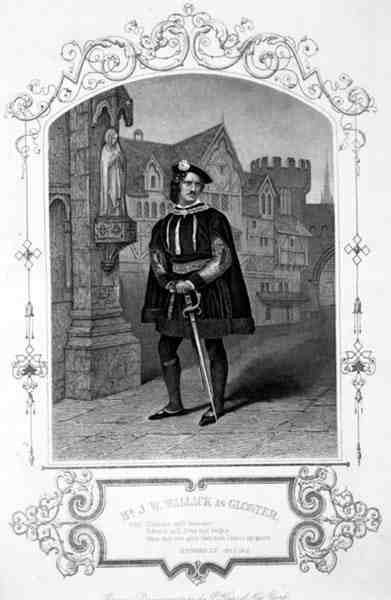 Pan J. W. Wallack jako Gloster, 1. dějství, 1. scéna, Richard III, William Shakespeare (1564-1616), podle daguerrotypie P. Halse z New Yorku (rytina) od English School