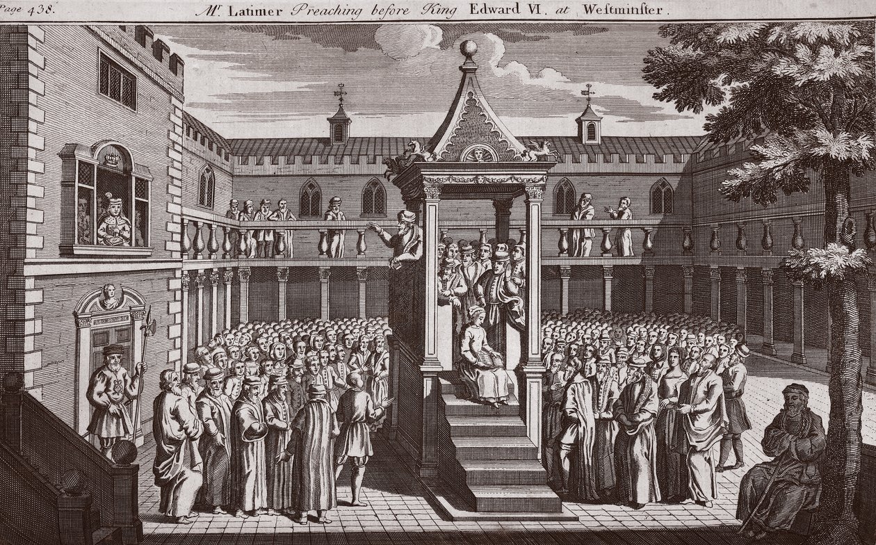 Pan Latimer káže před králem Eduardem VI. ve Westminsteru, ilustrace z knihy Foxes Martyrs, cca 1703. od English School