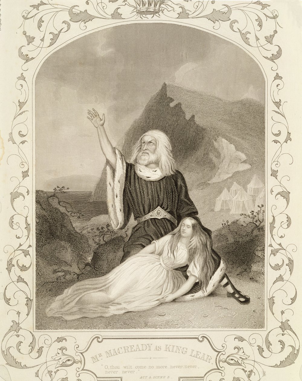 Pan Macready jako král Lear, dějství V, scéna 3, ve hře Williama Shakespeara (1564-1616) od English School
