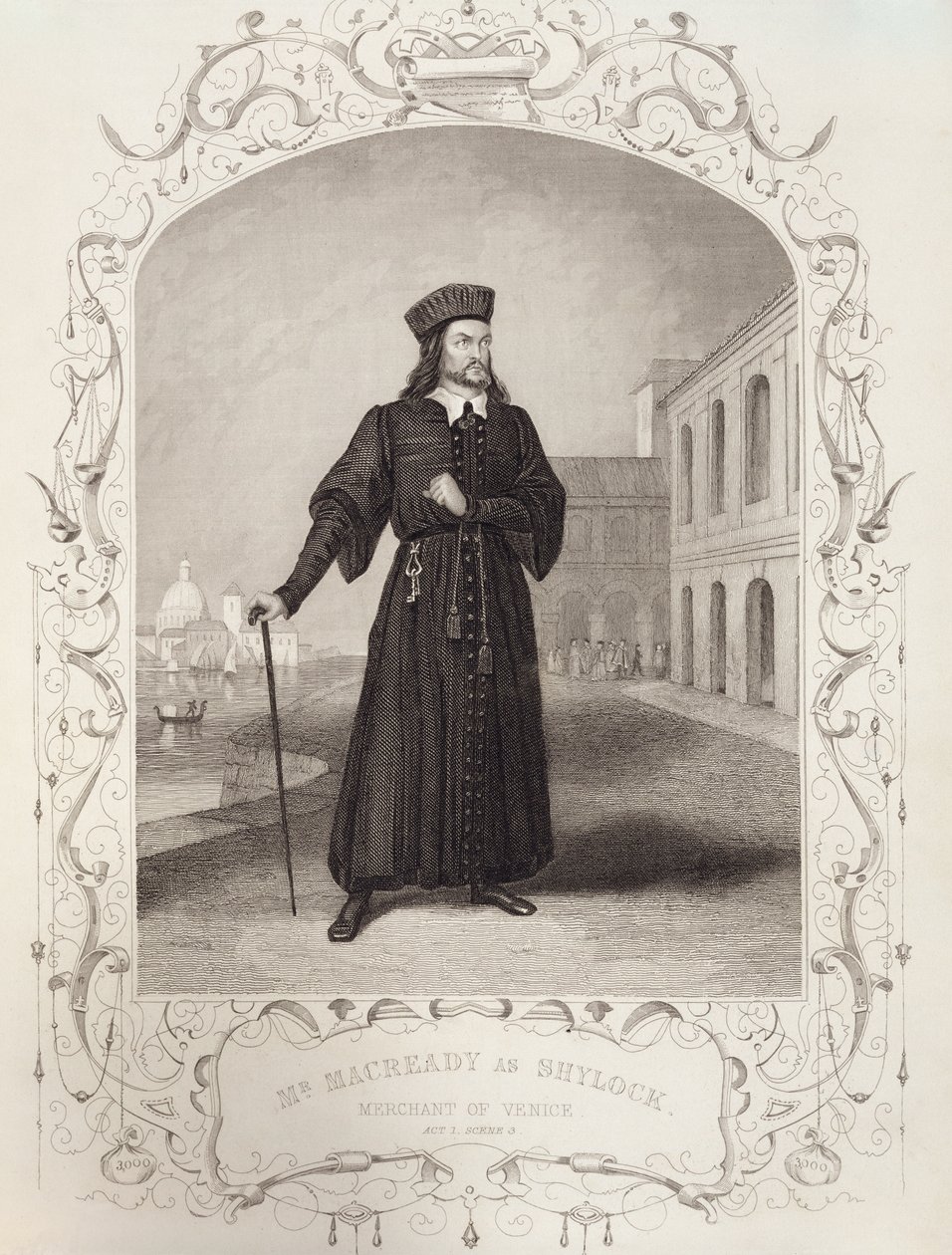 Pan Macready jako Shylock, první dějství, scéna 3, v Kupci benátském od Williama Shakespeara (1564-1616) od English School