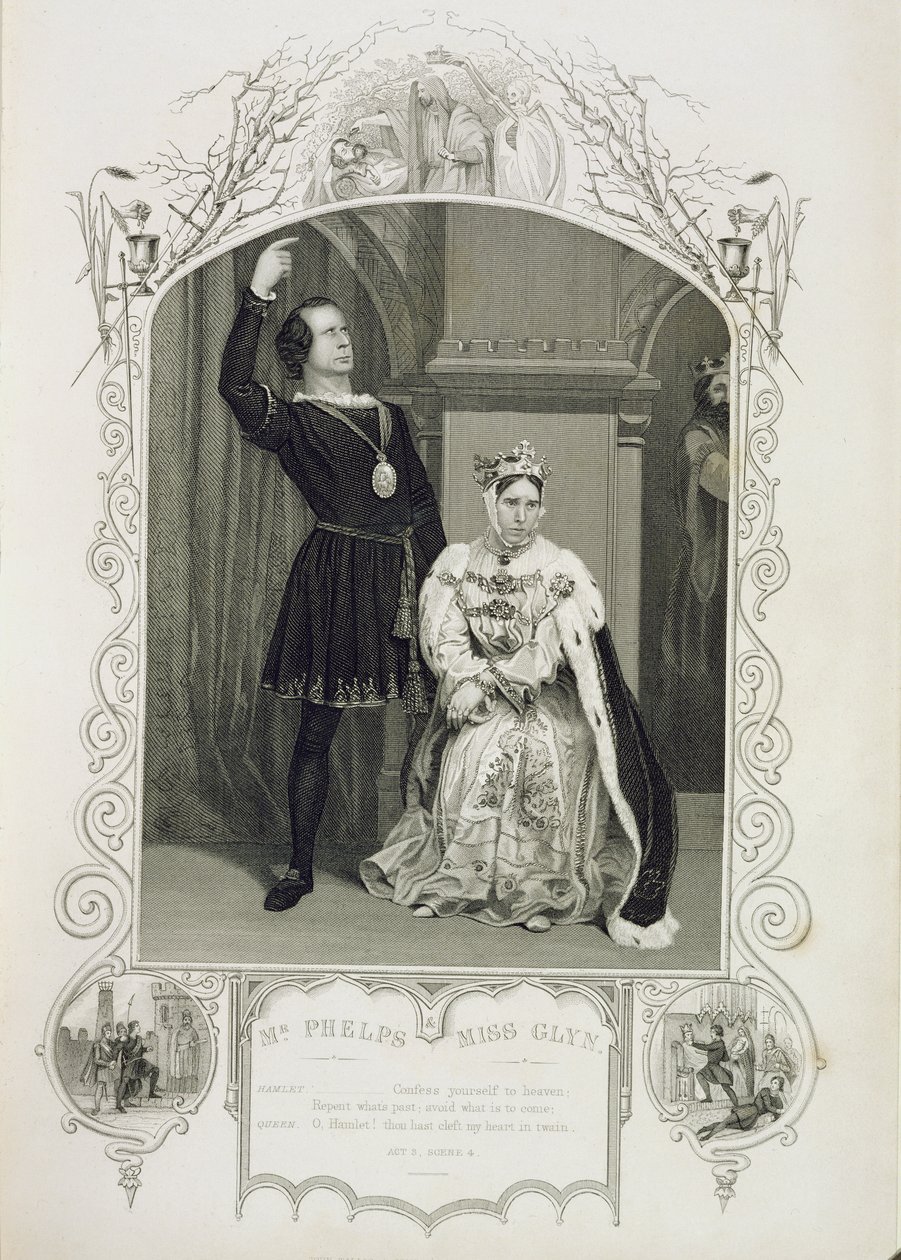 Pan Phelps jako Hamlet a slečna Glyn jako královna Gertruda, dějství III, scéna 4, v Hamletovi od Williama Shakespeara (1564-1616) od English School