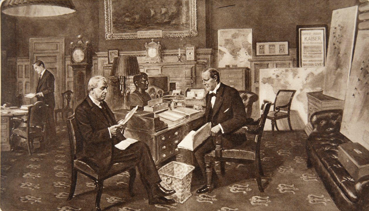 Pan Winston Churchill ve svém pokoji na Admiralitě při konzultaci s admirálem flotily lordem Fisherem z Kilverstone, z The Illustrated London News, 19. prosince 1914 (fotogravura) od English School