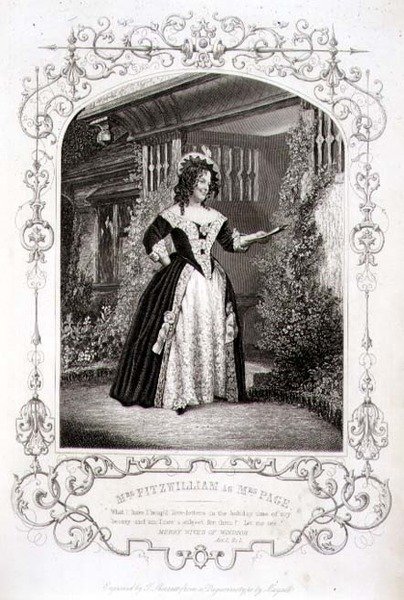 Paní Fitzwilliamová jako paní Page, dějství II, scéna 1, ve filmu Veselé paničky z Windsoru od Williama Shakespeara (1564-1616) vyryté Thomasem Sherrattem (fl. 1860-80) z daguerrotypie JP Mayalla (1810-1901) ( rytina) od English School