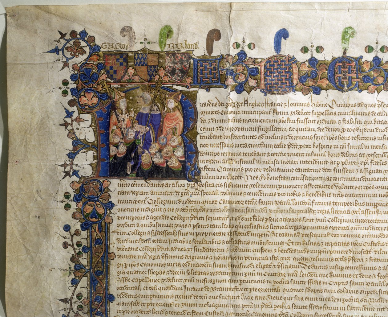 Ms.29410 Historická iniciála R zobrazující menší kanovníky katedrály St. Pauls, detail z Royal Charter of Incorporation od English School
