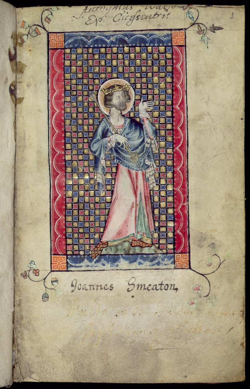 Ms 1-2005, f.1r: Svatý Edmund, miniatura z Macclesfieldského žaltáře, užití Sarum, východní Anglie, kolem roku 1330 od English School