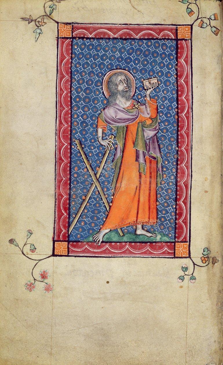Ms 1-2005, f.1v: Svatý Ondřej, miniatura z Macclesfieldského žaltáře, užití Sarum, východní Anglie, kolem roku 1330 od English School