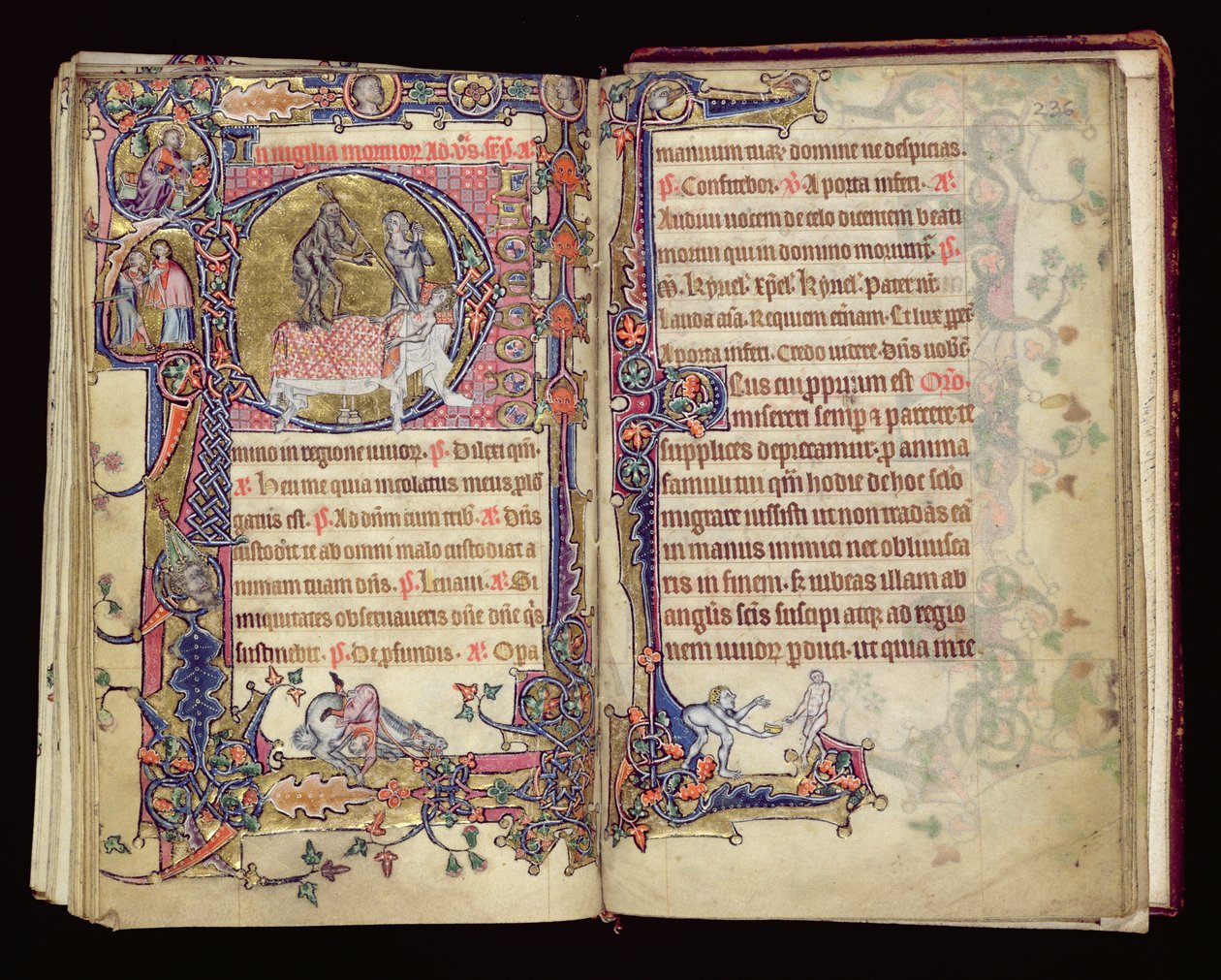 Ms 1-2005, ff.235v-236r: Smrt zasahuje, historizovaná iniciála z Macclesfieldského žaltáře, užití Sarum, východní Anglie, kolem roku 1330 od English School