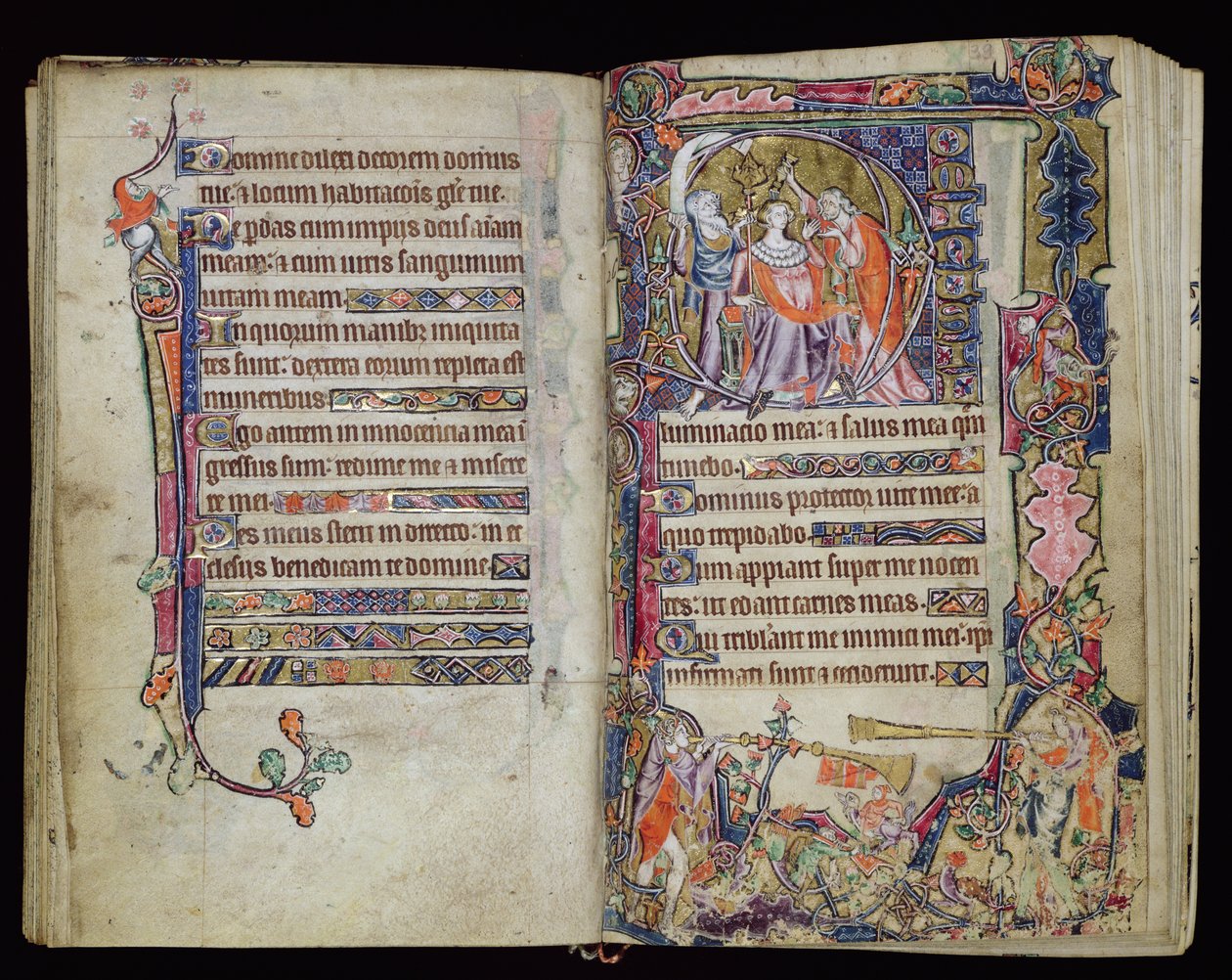 Ms 1-2005, ff.38v-39r: The Anointing of David, historická iniciála D z Macclesfieldova žaltáře, Use of Sarum, East Anglia, c.1330 od English School