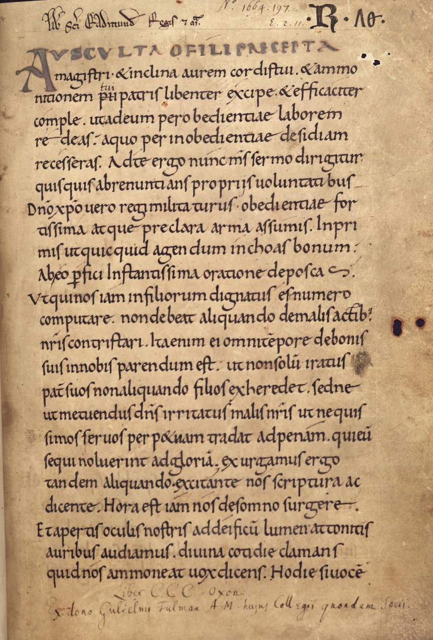 Ms. 197 f.1r Pravidla svatého Benedikta od English School