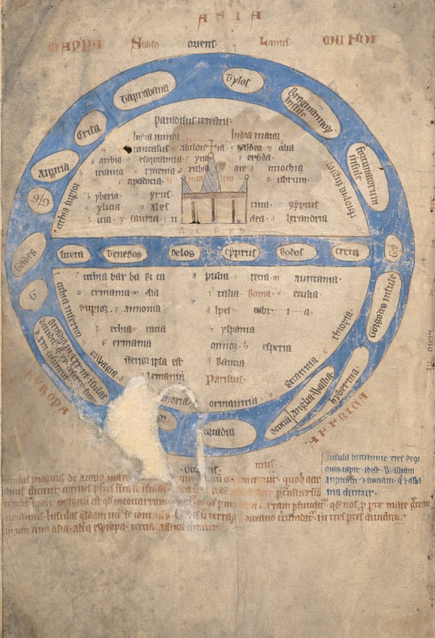 Ms 254, f.1v: Mappa Mundi, z Bestiáře, kolem 1200-30 od English School