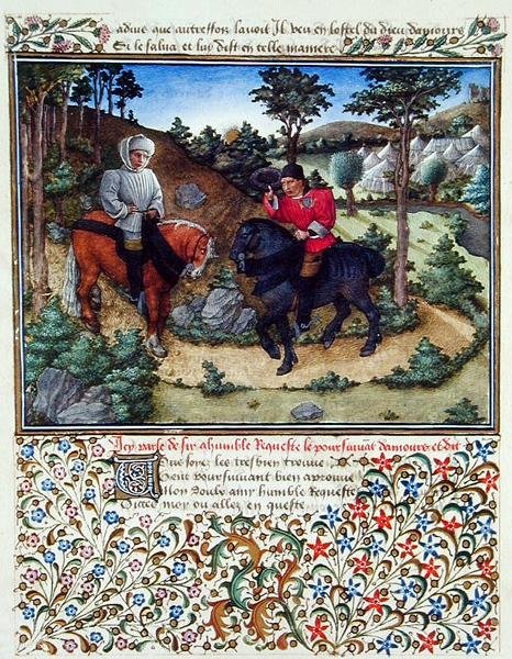 Ms. 2597 Na počátku dne se touha setkává s pokornou žádostí v údolí, kde jsou vztyčeny desky cti, faksimile vydání "Livre du Coeur d