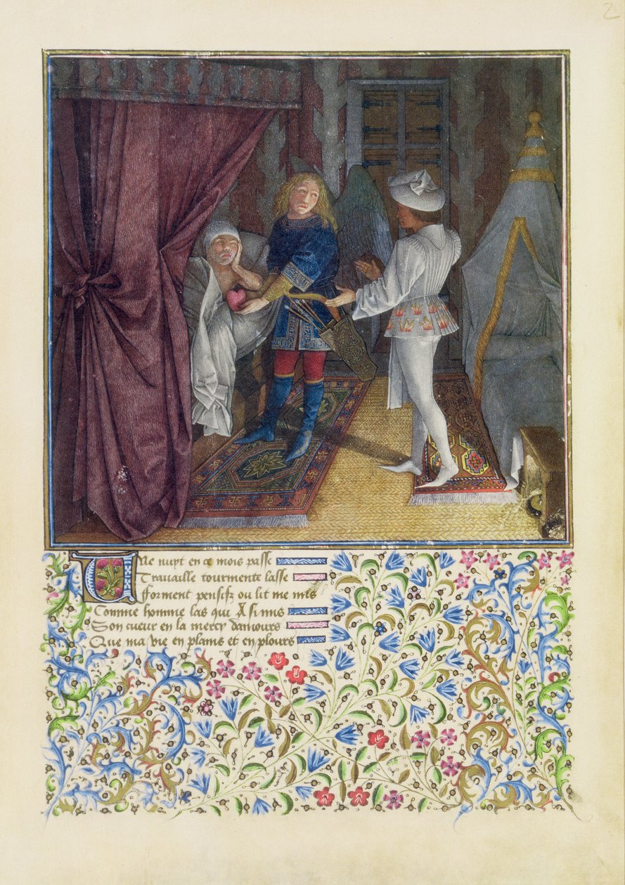 Paní 2597 Král René sní: Bůh lásky mu krade jeho srdce, aniž by o tom věděl, a dává ho Desire, faksimilní vydání Livre du Coeur dAmours Espris od Rene dAnjou od English School