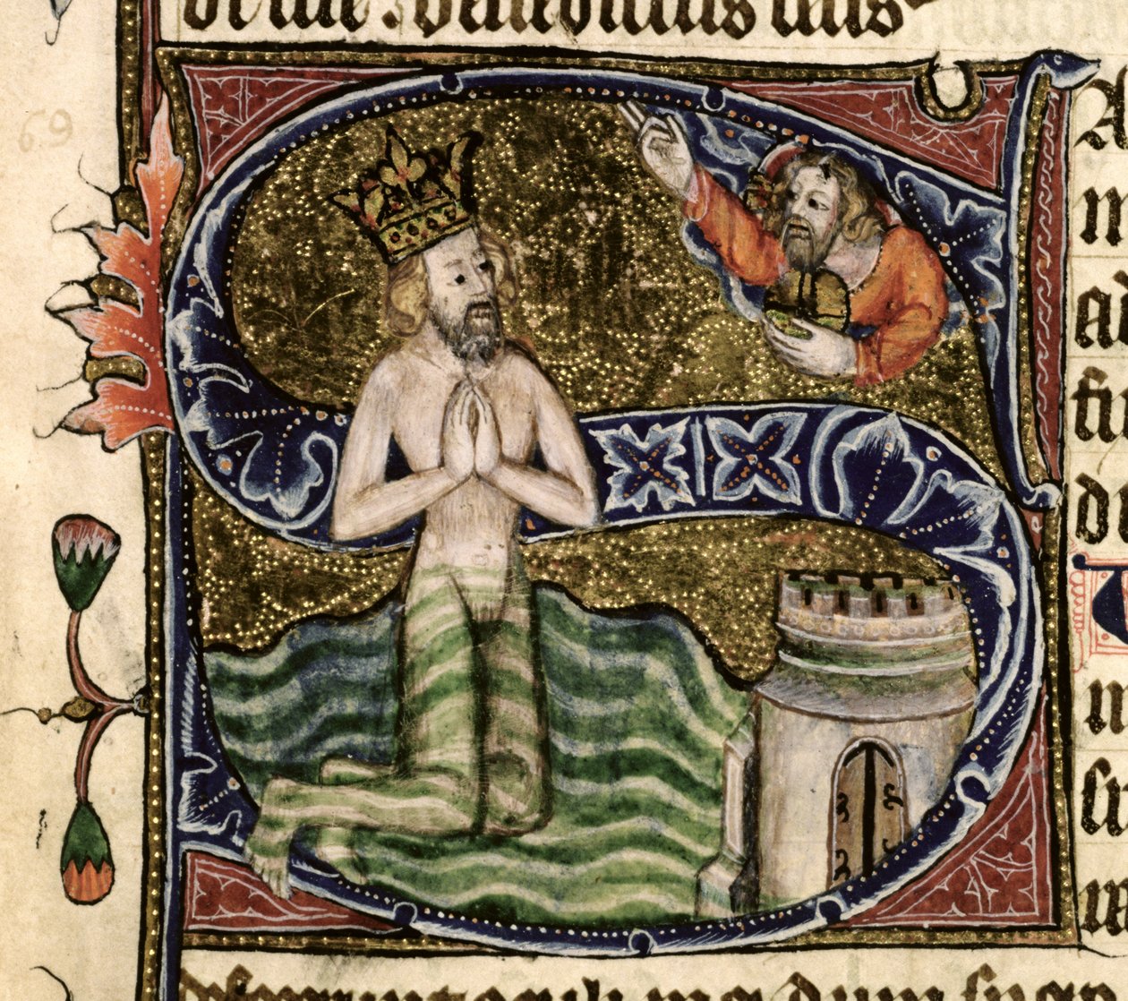 Paní 26 f.34r. Žalm 68, David se topí, z žaltáře opatství Ramsey, kolem roku 1380 od English School