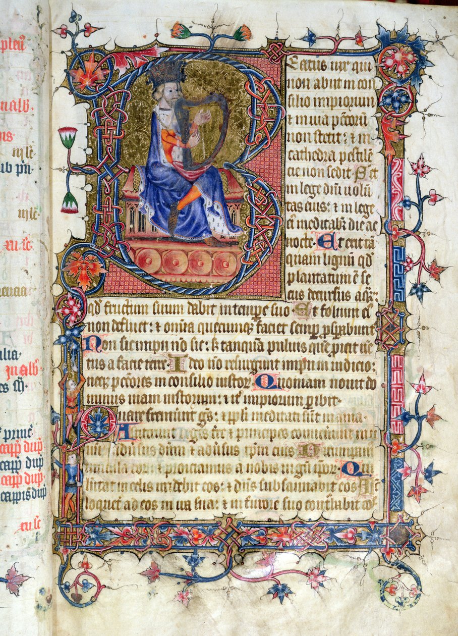 Ms 26 fol.7r. Žalm 1, David harfující, z žaltáře opatství Ramsey, kolem roku 1380 od English School