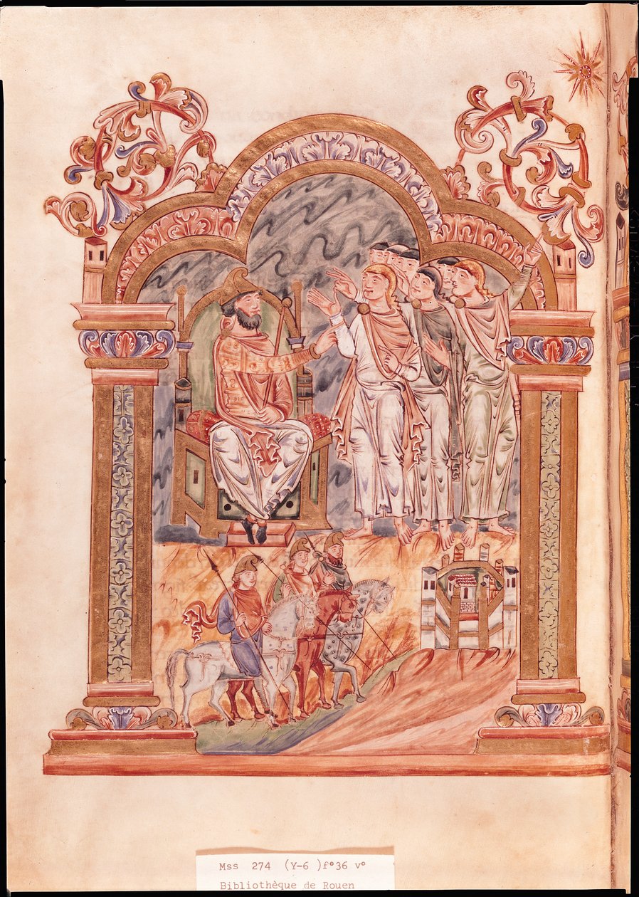 Ms 274 (Y-6) fol.36v Mudrci na návštěvě u krále Heroda, z misálu Roberta z Jumieges, kolem roku 1016 od English School