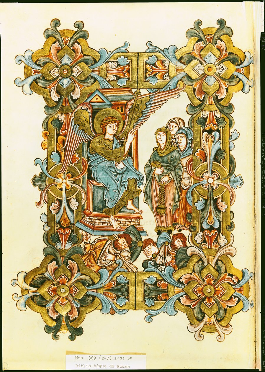 Ms 369 fol.21v Svaté ženy u hrobu, od Winchester Pontifical, konec 10. do začátku 11. století od English School