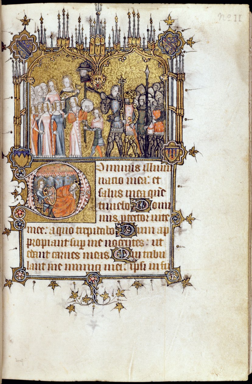 Ms 38-1950, f.29r: David v čele průvodu s hlavou Goliáše na kopí, z Bohunského žaltáře, kolem 1370 od English School