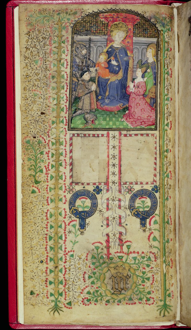 Ms 41-1950, f.2v: Věnovací stránka z Knihy hodin patřící Margaret Beauchamp, c.1424 od English School