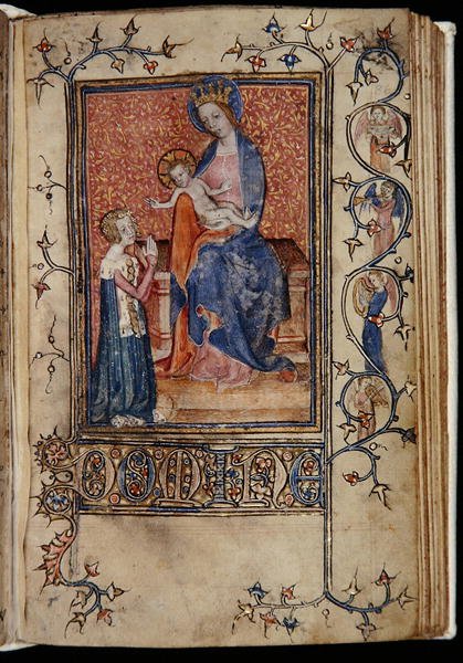 Ms 48, f.86r: Majitelka rukopisu se modlí k Panně a Dítěti, z hodin Carew-Poyntz, Use of Sarum, c.1390-1400 (vellum) od English School