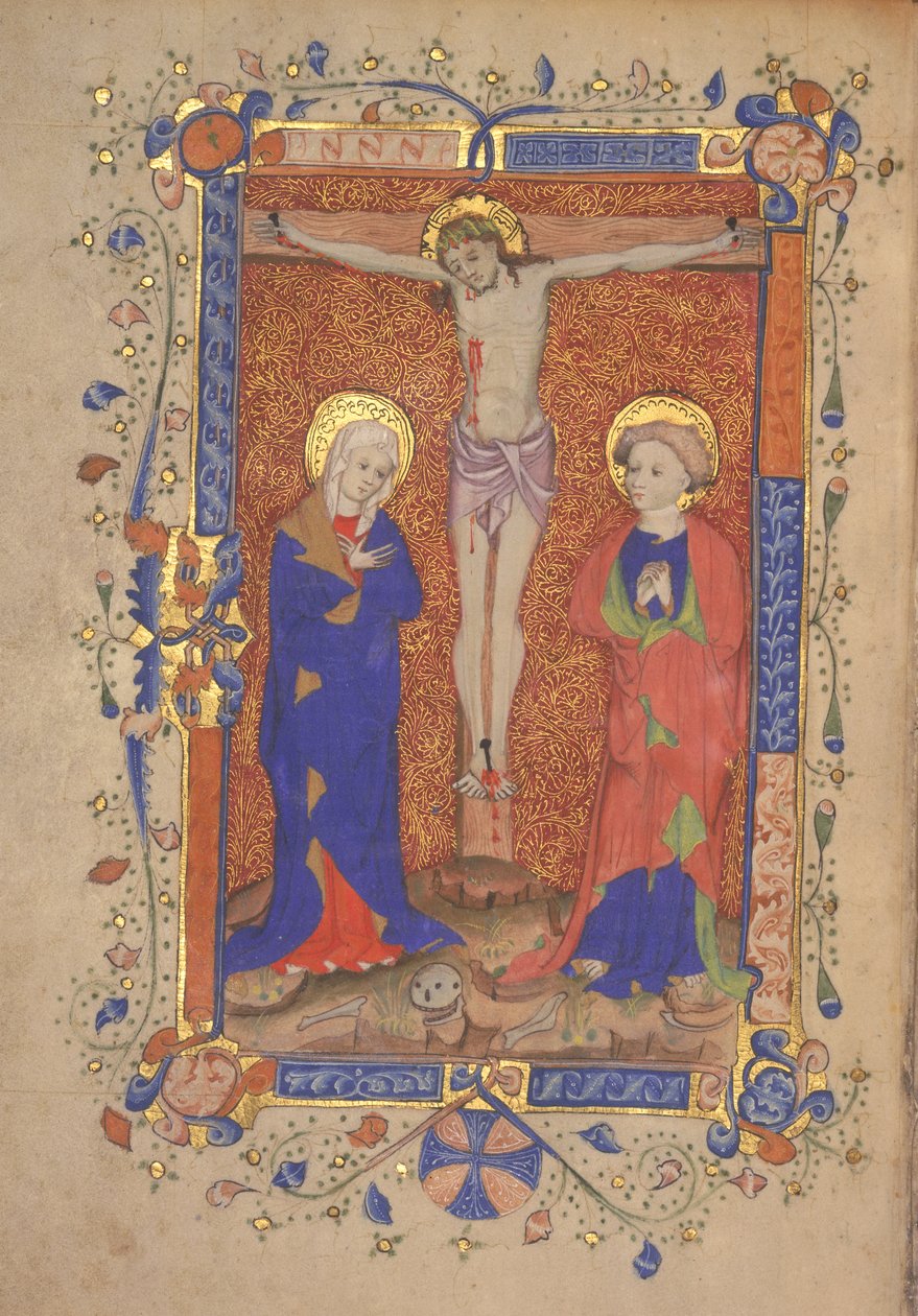 Ms 515 fol.108r Ukřižování se sv. Marií a sv. Janem Křtitelem, z misálu sv. Botolfa Aldersgate, kolem 1420-30 od English School