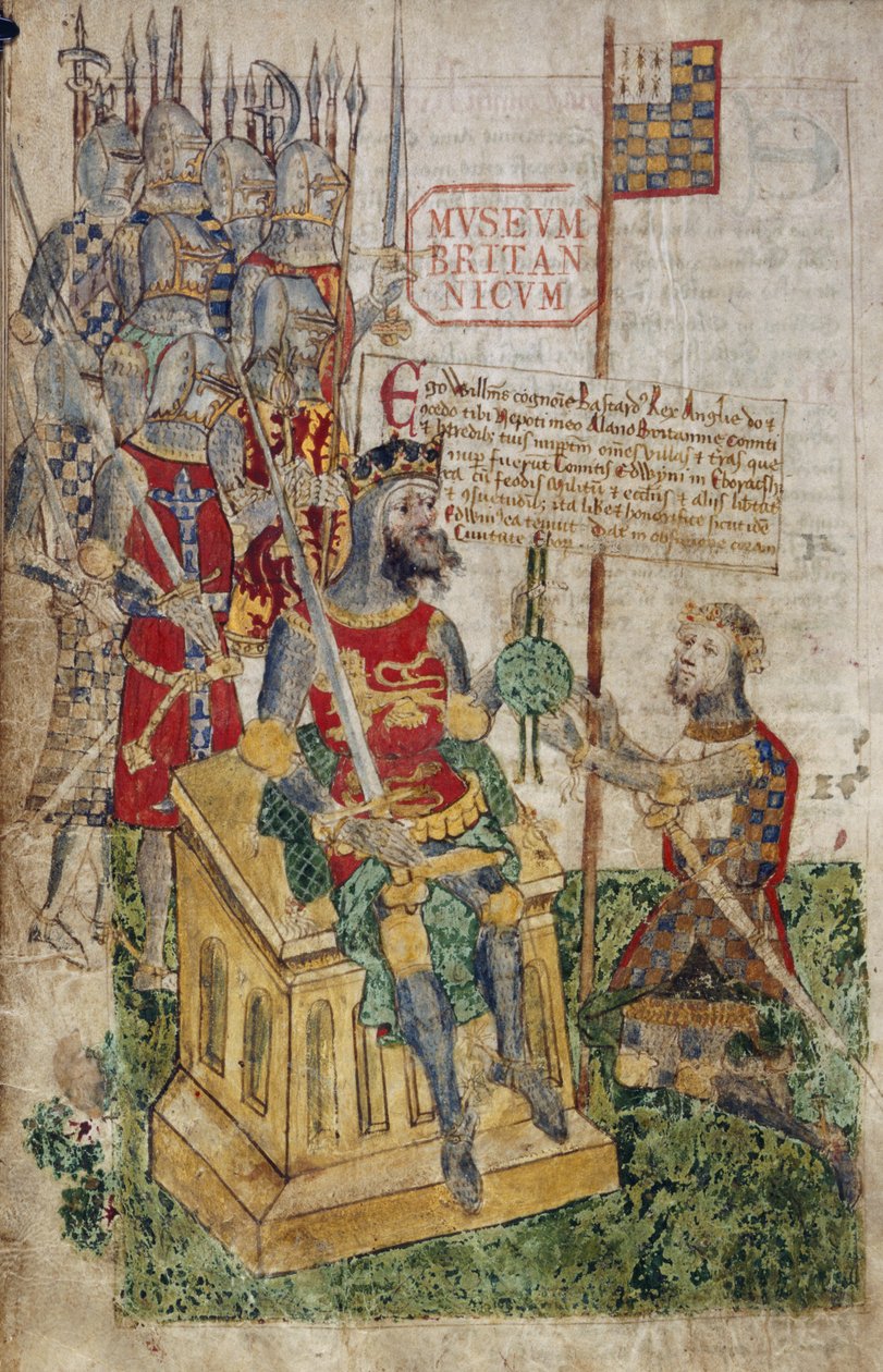 Paní Cotton Faustina B. VII, f.27 William I a hrabě z Bretaně, z „Registru cti Richmond“ (vellum) od English School