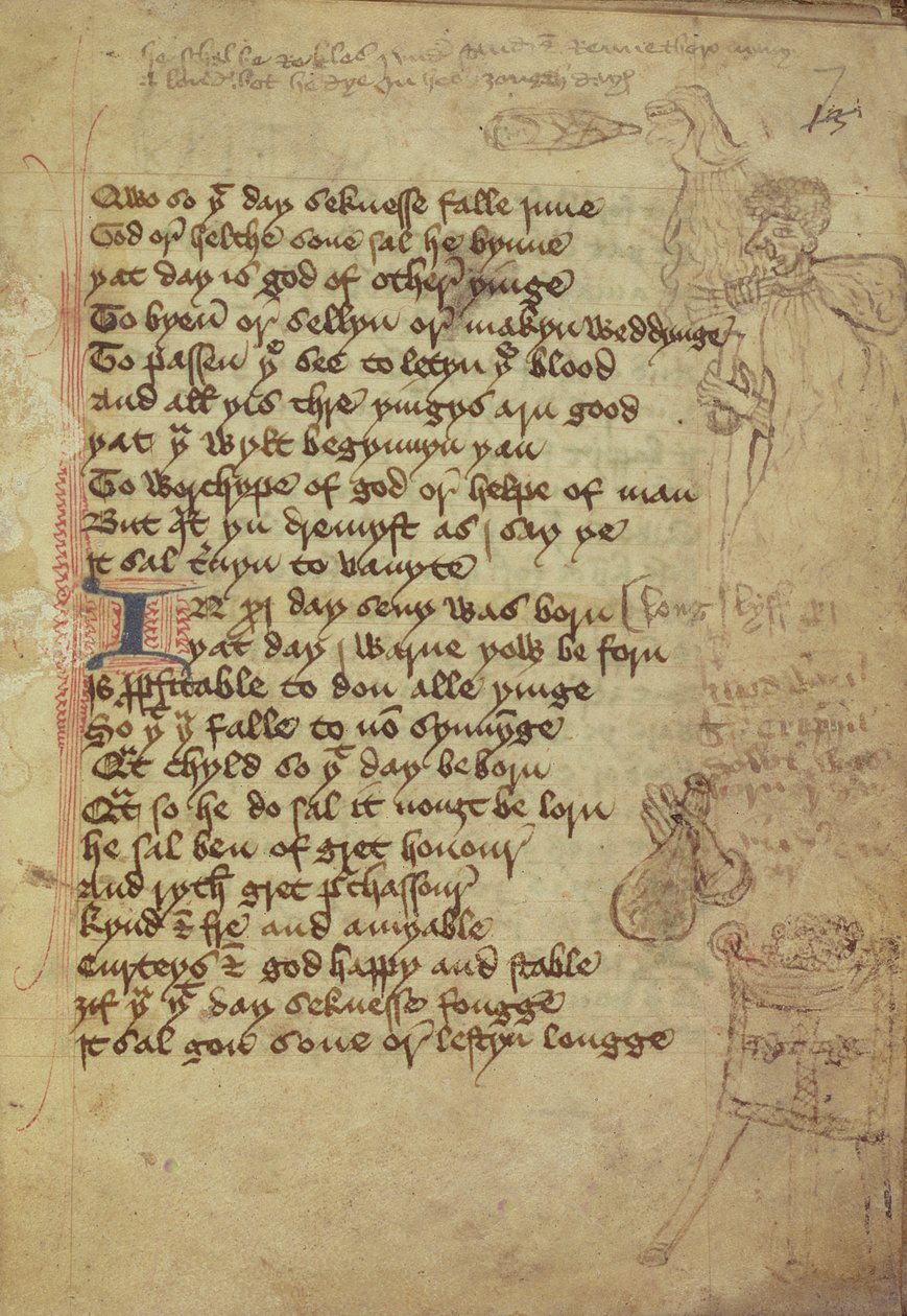 Ms. Harley 1735 fol.7r Stránka z lékařského zápisníku psaného ve střední angličtině (vellum) od English School