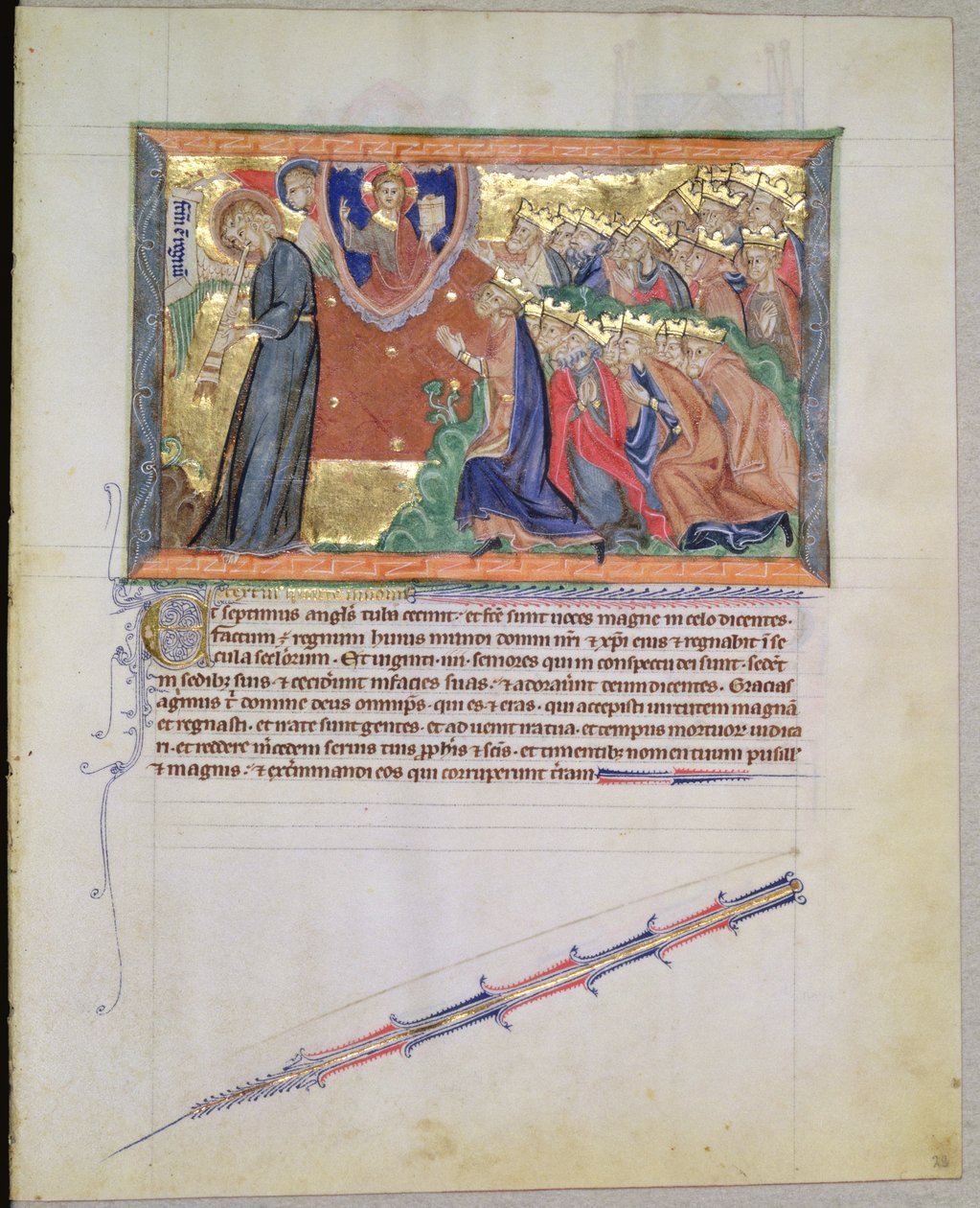 Paní L.A. 139-Lisboa fol.28 7. anděl troubí na trubku a 24 starších uctívající Boha, z Gulbenkian Apokalypsy, kolem 1265-70 od English School