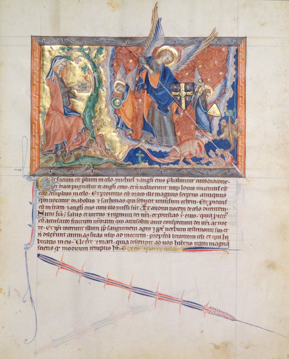 Ms L.A. 139-Lisboa fol.30 Žena ukrytá v poušti, zatímco archanděl Michael bojuje s drakem v nebi, z Gulbenkian Apokalypsy, kolem 1265-70 od English School