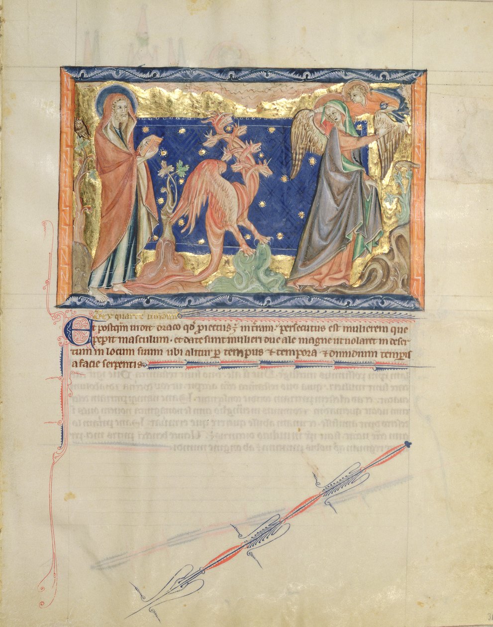 Paní L.A. 139-Lisboa fol.31 St. John sleduje, jak anděl pomáhá ženě uniknout před červeným drakem, z Gulbenkianské apokalypsy, kolem 1265-70 od English School