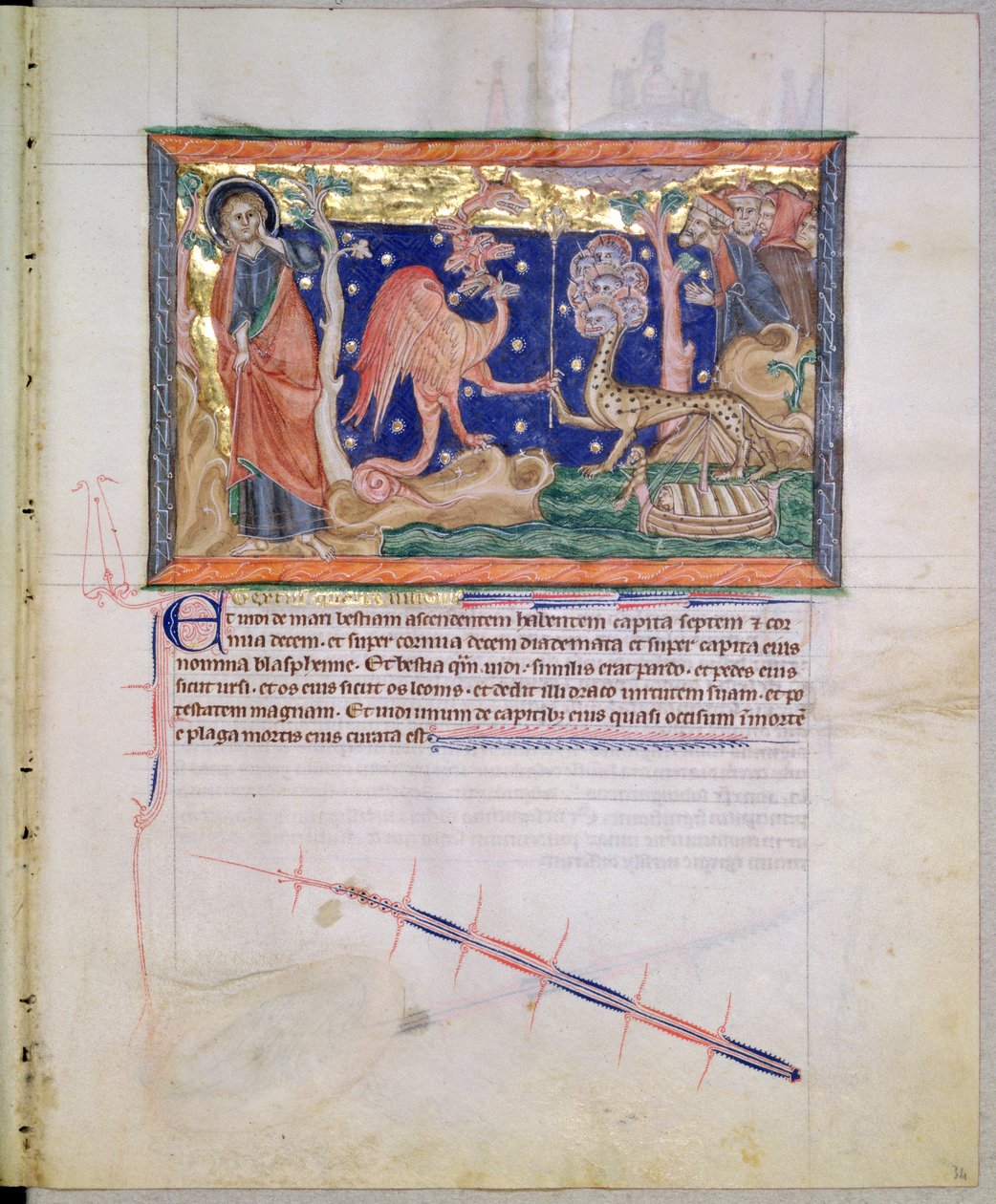 Ms L.A. 139-Lisboa fol.34 Červený drak předávající svou moc mořskému zvířeti, z Gulbenkianské apokalypsy, kolem 1265-70 od English School