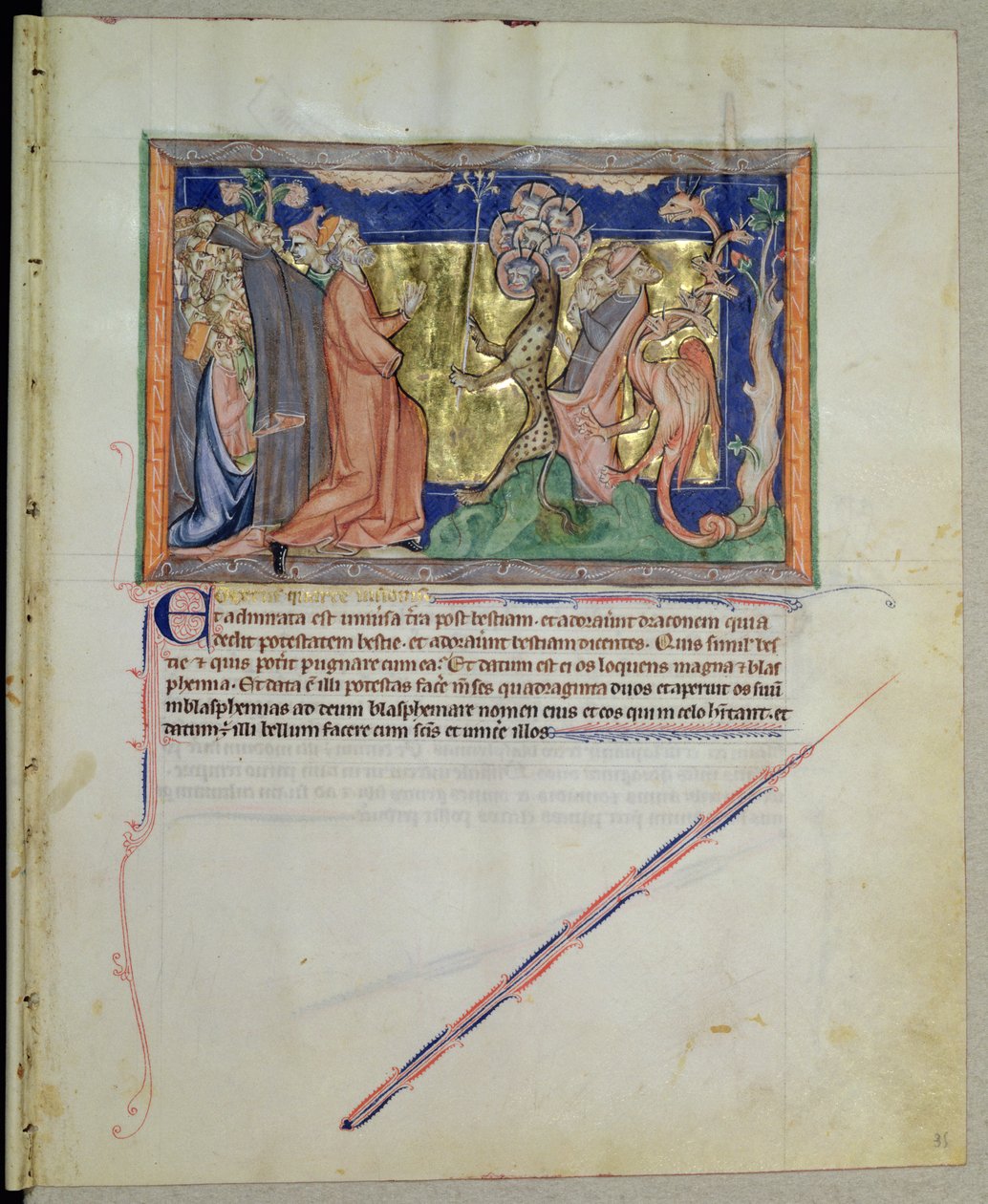 Ms L.A. 139-Lisboa fol.35 Lidé uctívající šelmu a draka, z Gulbenkianské apokalypsy, kolem 1265-70 od English School