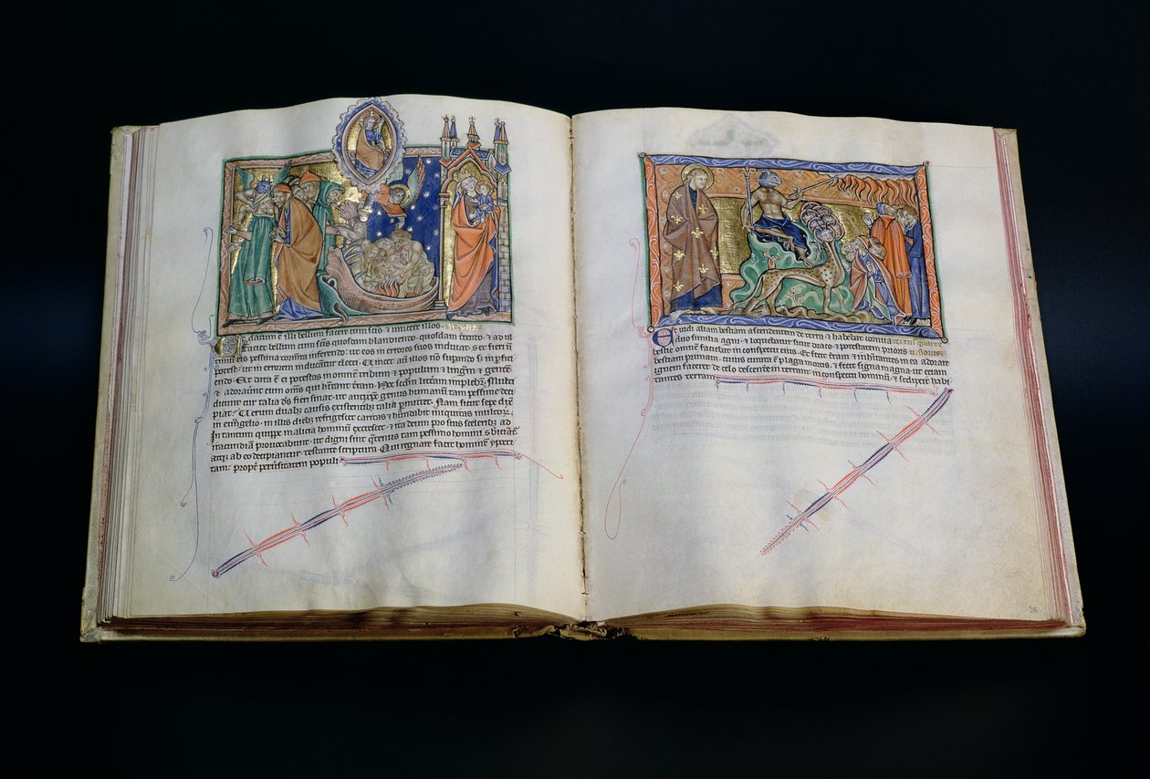 Paní L.A. 139-Lisboa fol.37 v-38 Šelma rouhající se Božímu jménu a lidé uctívající 3. a 2. zvíře, z Gulbenkianovy apokalypsy, kolem 1265-70 od English School