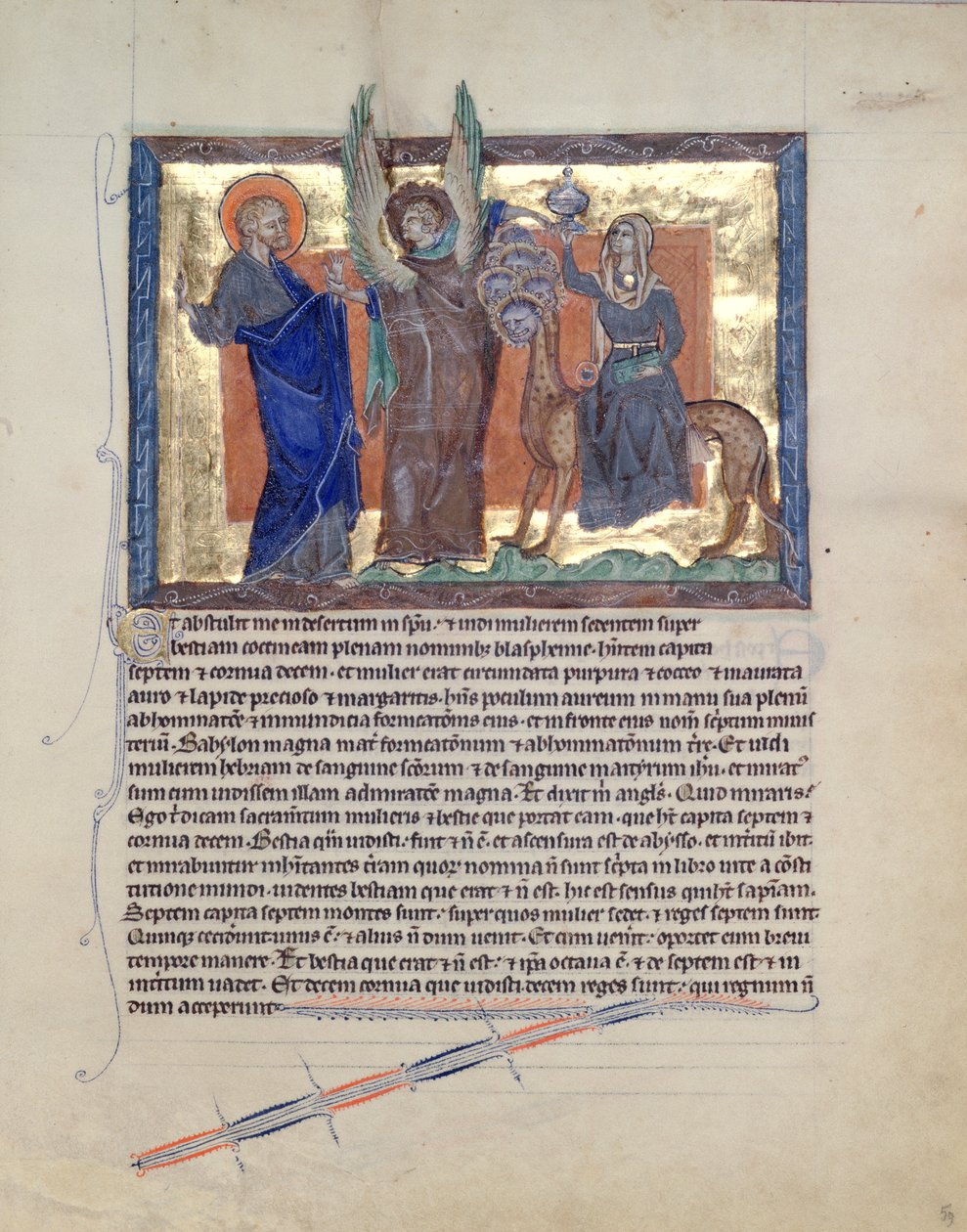 Paní L.A. 139-Lisboa fol.59 Anděl vedoucí svatého Jana Evangelistu k Babylonské nevěstce, z Gulbenkianovy apokalypsy, kolem 1265-70 od English School