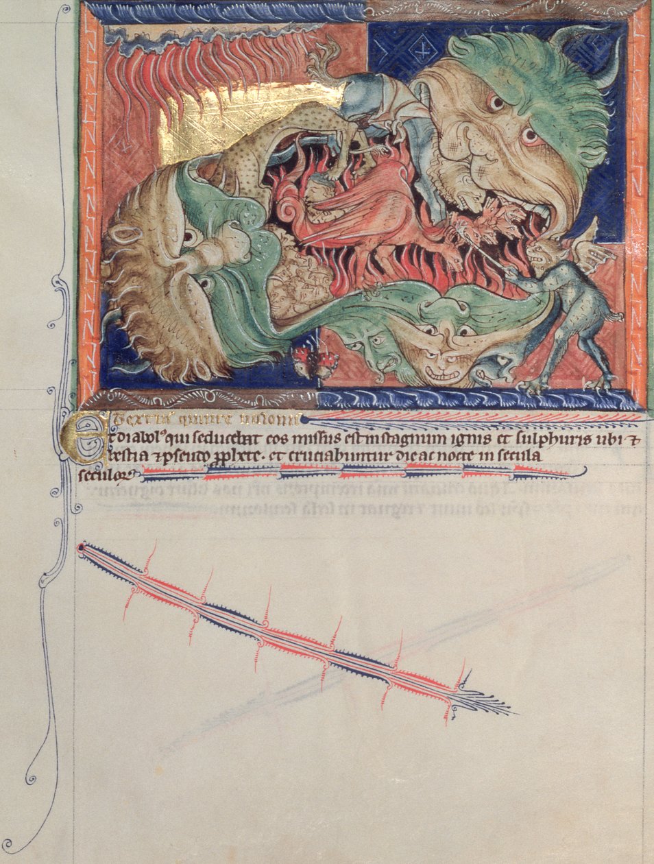 Ms L.A. 139-Lisboa fol.71 Čelisti pekla polykající červeného draka, šelmu moře a šelmu země, z Gulbenkian Apokalypsy, kolem 1265-70 od English School