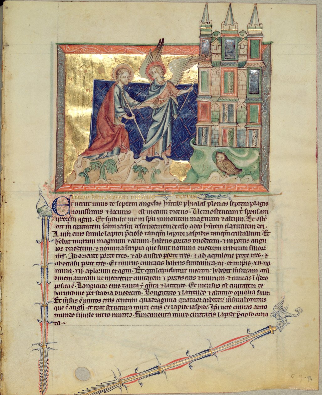 Paní L.A. 139-Lisboa fol.74 Anděl ukazující Nový Jeruzalém svatému Janu Evangelistovi, z Gubenkianovy apokalypsy, kolem 1265-70 od English School