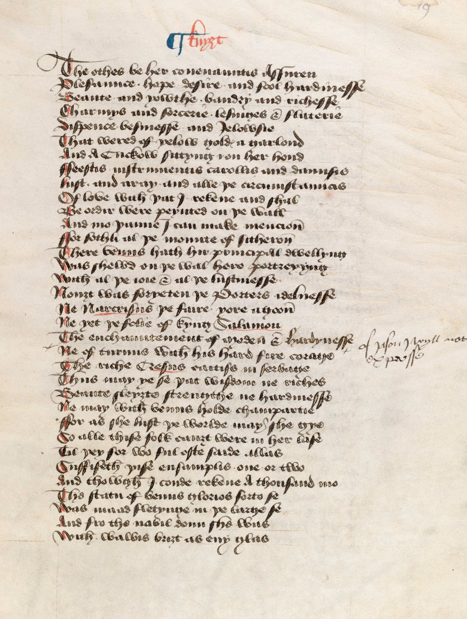 Paní New Coll 314, f19r, The Canterbury Tales od Geoffreyho Chaucera (pero a inkoust na pergamenu) od English School