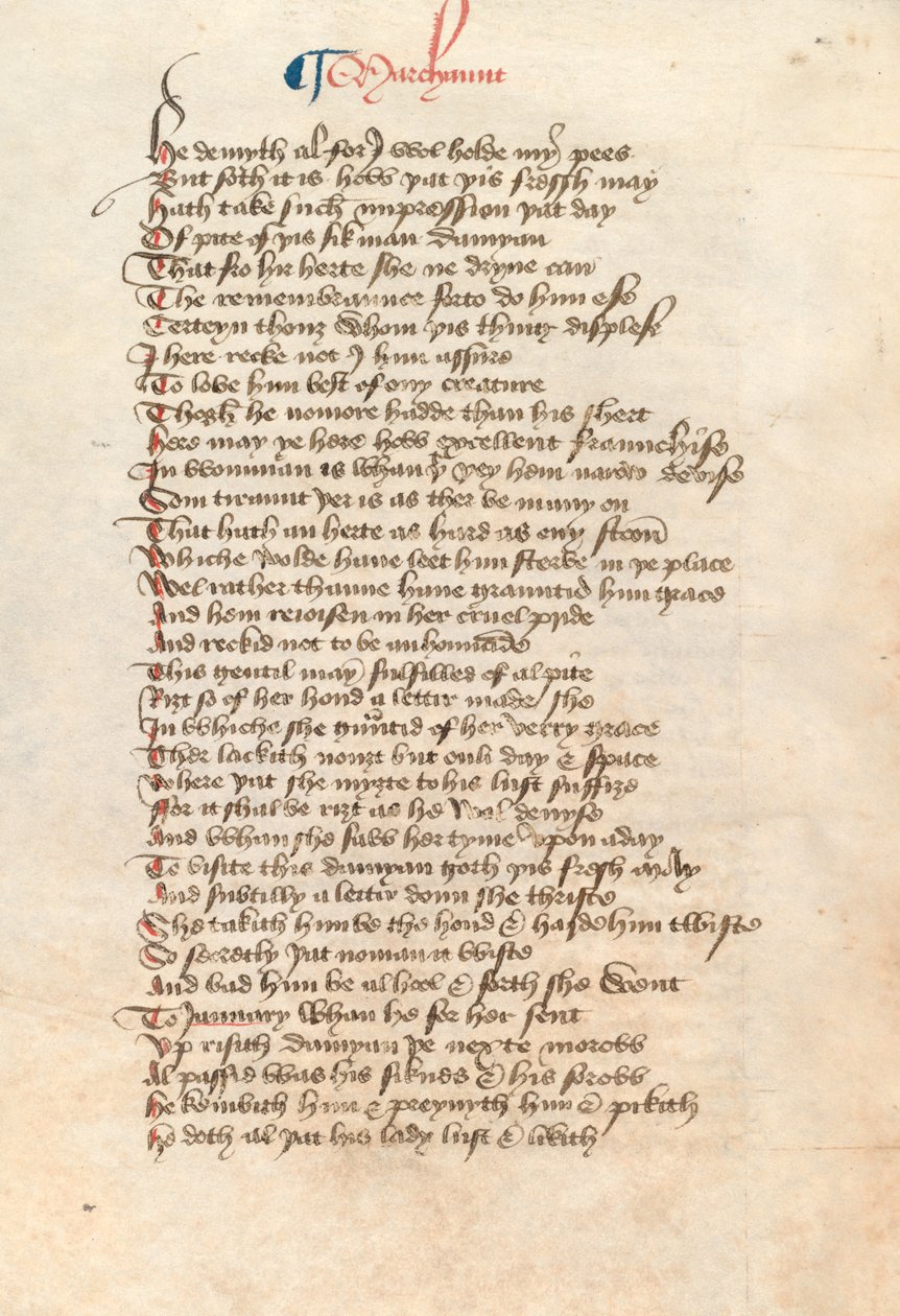 Paní New Coll 314, f90v, The Canterbury Tales od Geoffreyho Chaucera (pero a inkoust na pergamenu) od English School