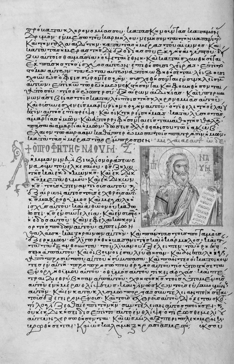 Paní New Coll 44, f.22v, Dvanáct menších proroků, portrét Nahuma (pero a inkoust na pergamenu) od English School