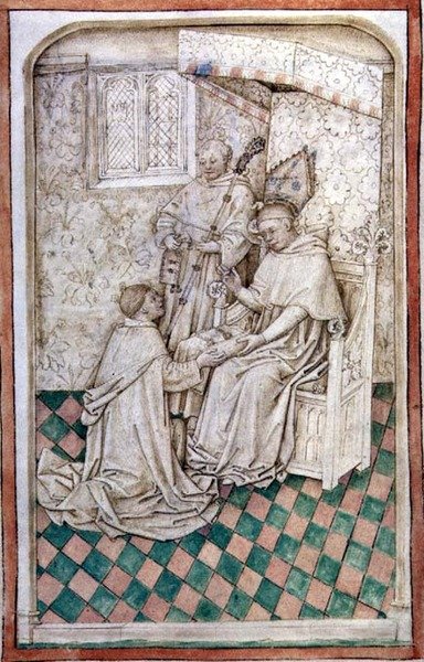 Paní R 14.5 f.8v Thomas Bekynton, biskup z Bath and Wells, přijímá Chaundlera z Abingdonského misálu, 1457-61 od English School