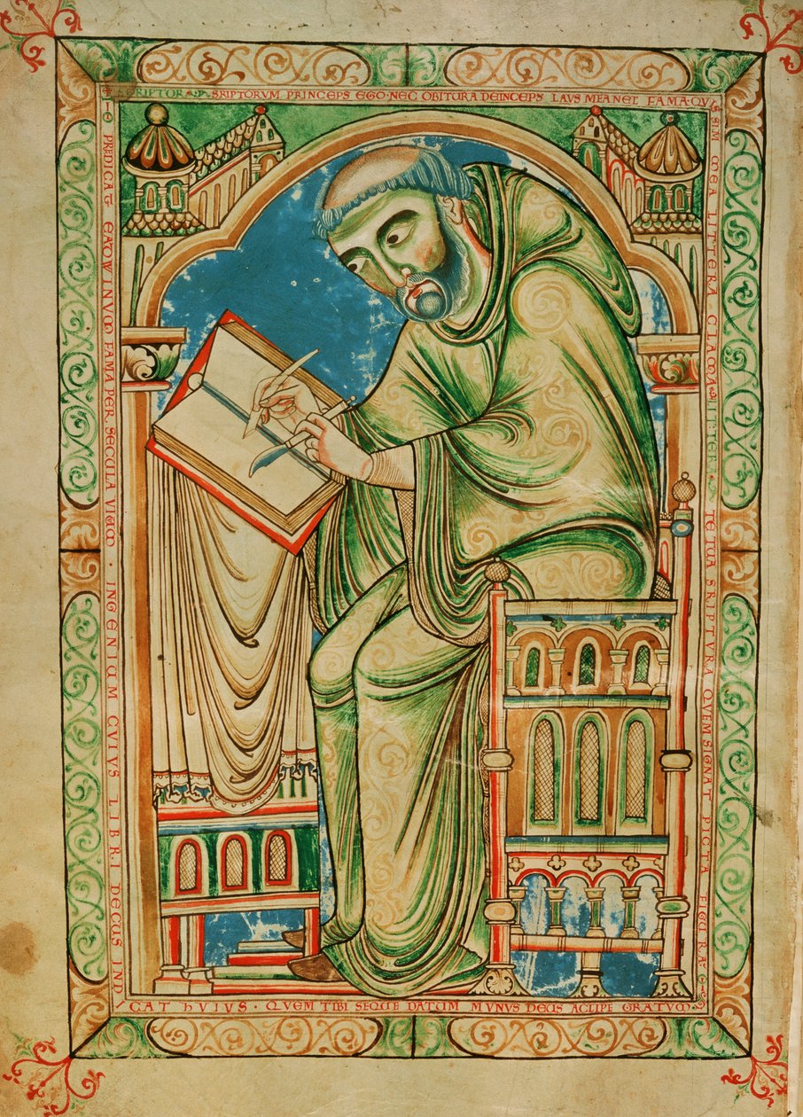 Paní R 17 I f.283v Monk Eadwine při práci na rukopisu, Eadwine Psalter, c.1150 (vellum) od English School